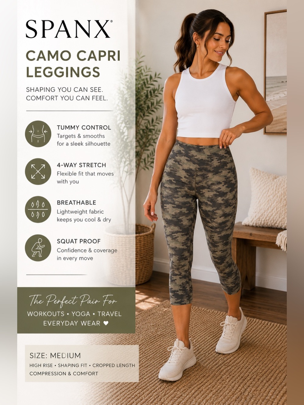 Spanx Camo Capri Leggings M Green Gray High Rise Cropped Shaping Pants